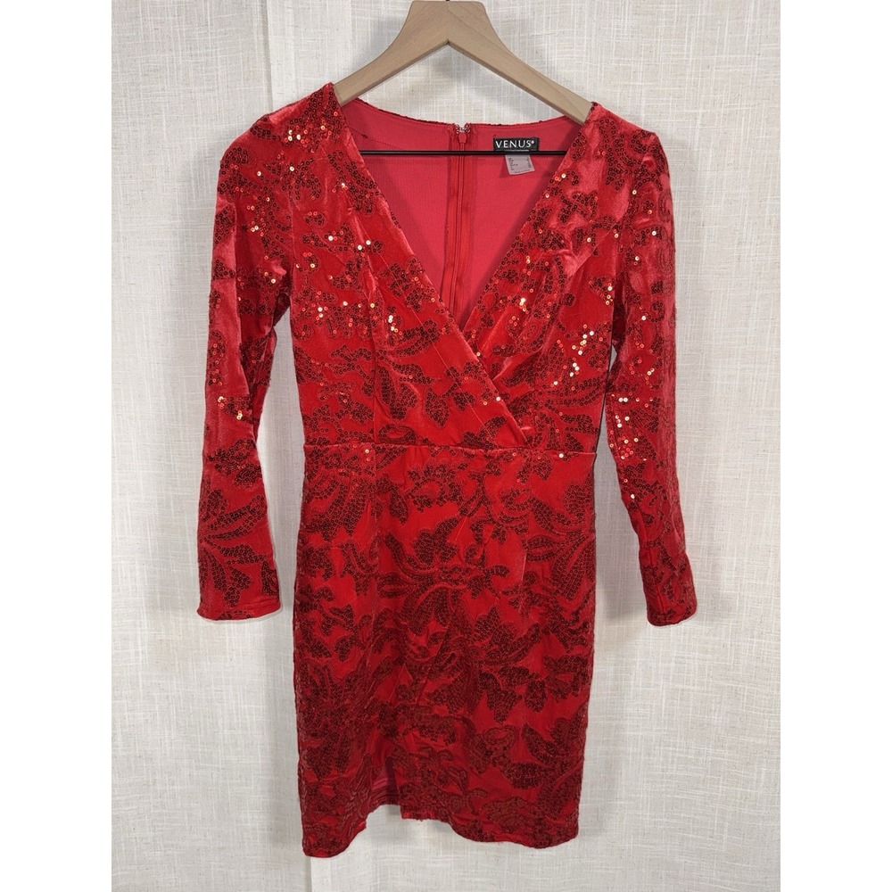 VENUS Vixen Red Velvet Sequin Holiday Dress Front Slit Lined Bodycon Size 2